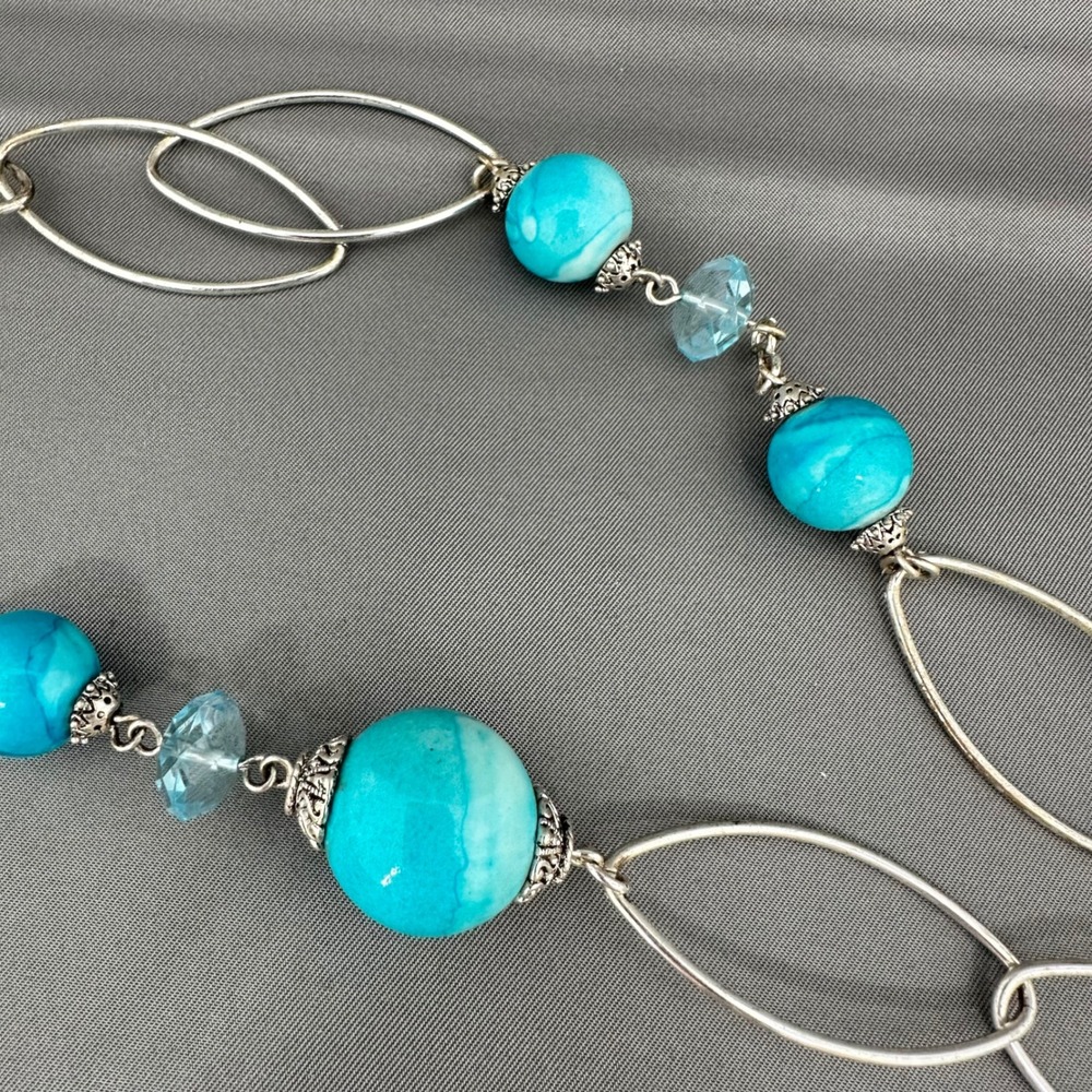 Southwest Paulus Silver Tone Turquoise Marbled Bead Necklace Earring Set 30 Inch - Picture 9 of 10